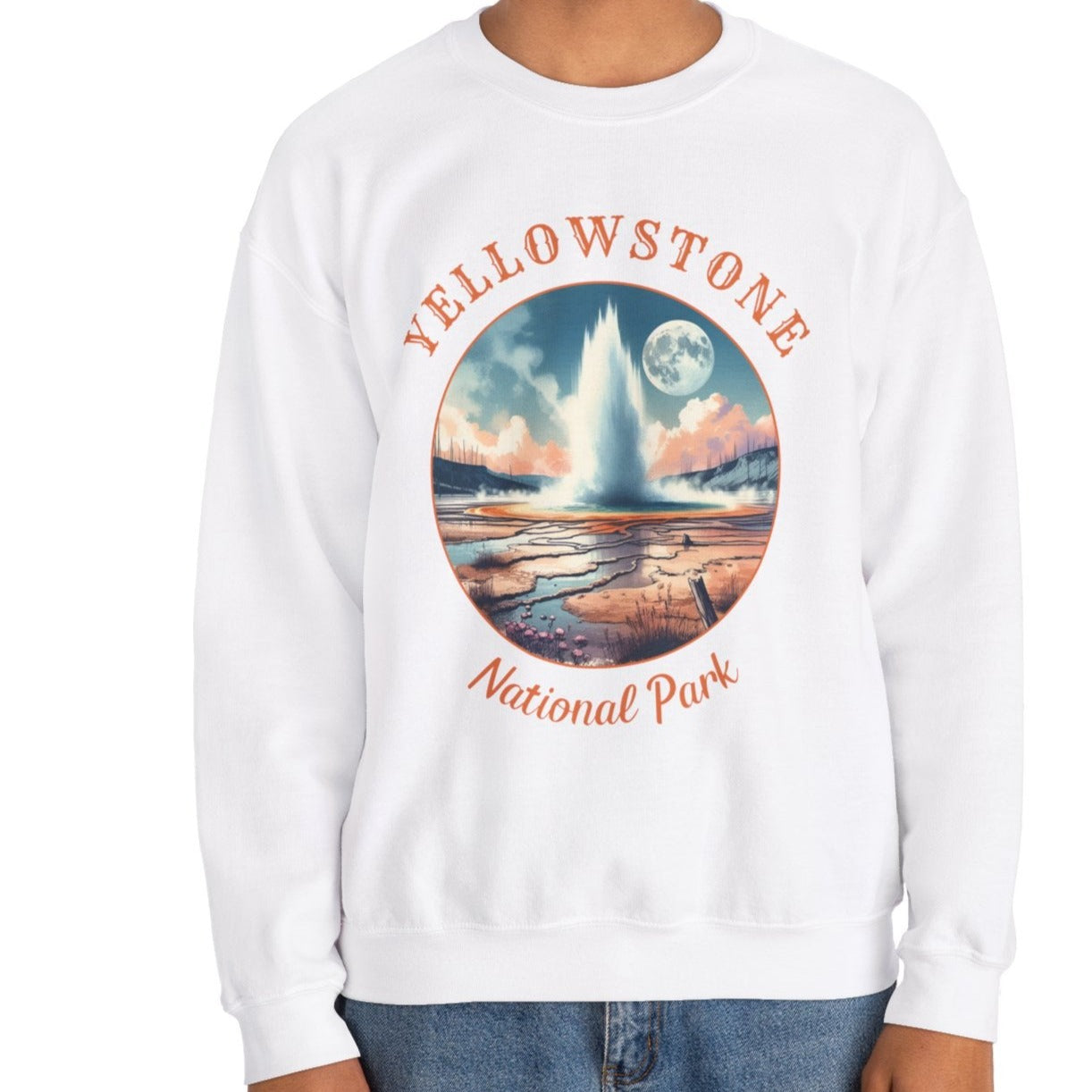 yellowstone national park crewnweck sweatshirt is cool gift for boyfriend, nice gift for wife and her wild adventure through np in usa, great statement bag for wildlife preservation supporters and enthusiasts, white sweatshirt