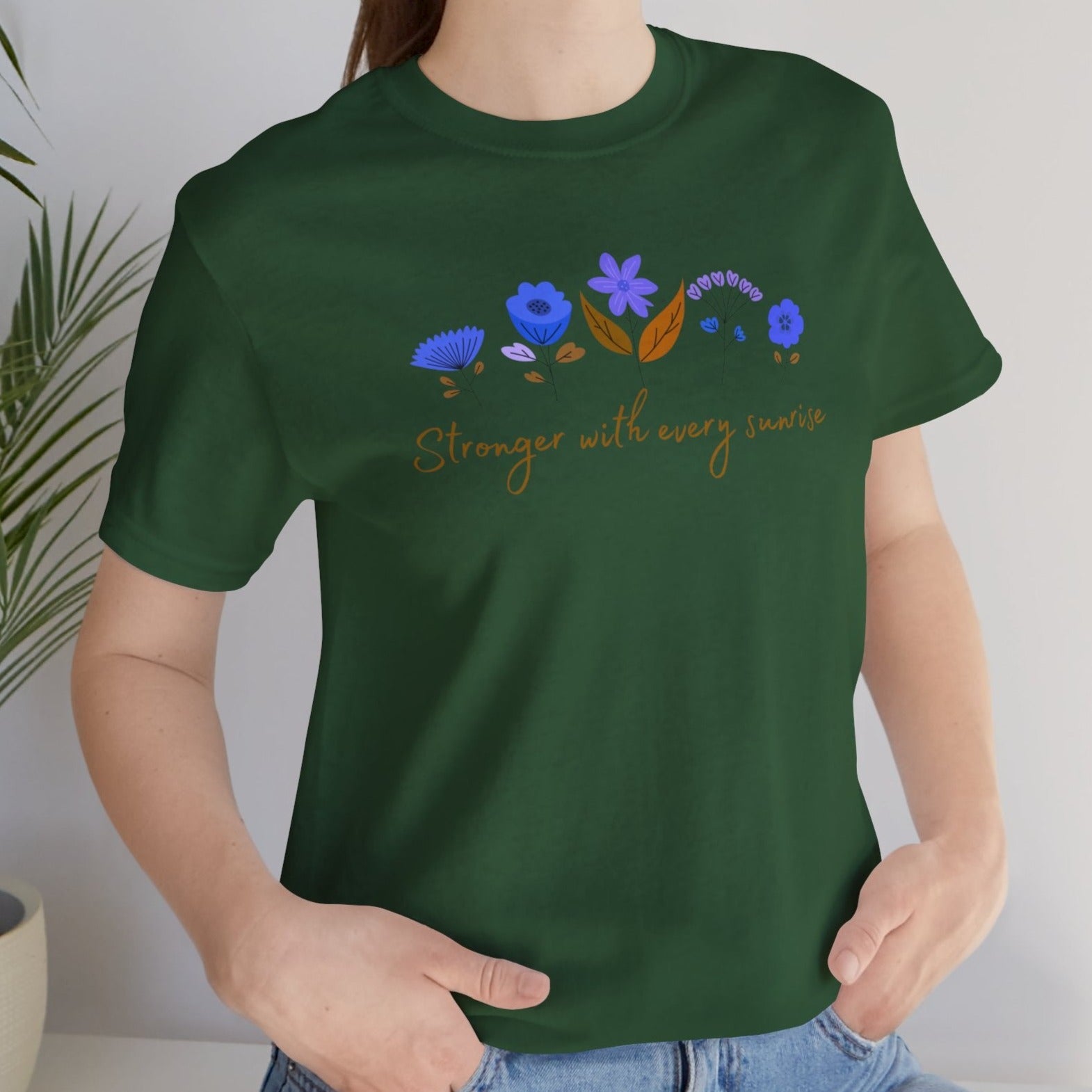 green wom empowerment statement tee, lovely flower design radiating courage and strength, present for women and girls, cool gift for office colegue