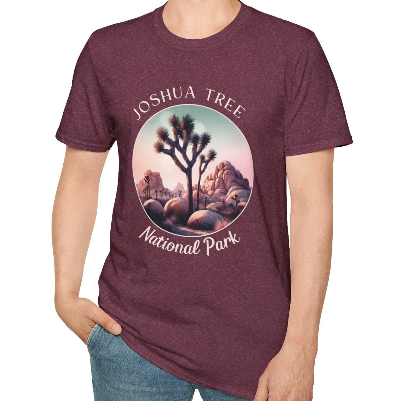 Joshua Tree national park usa  t-shirt nice gifts for loved ones, perfect for enthusiast hikers to explore us parks. Live wild, live free, live full life, hather maroon tshirt