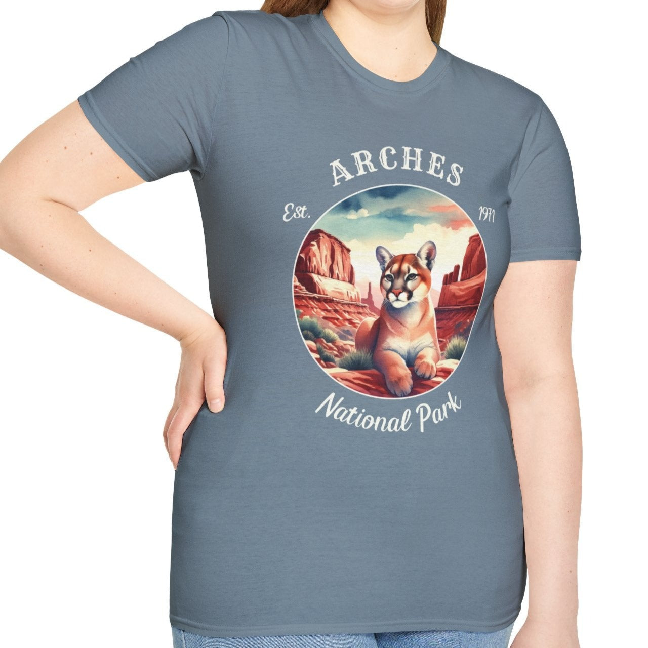 Arches park tee cool gift for boyfriend, nice gift for wife wild adventure through np in usa, good statement shirt for wildlife preservation supporters and enthusiasts, blue shirt, oversized t shirt