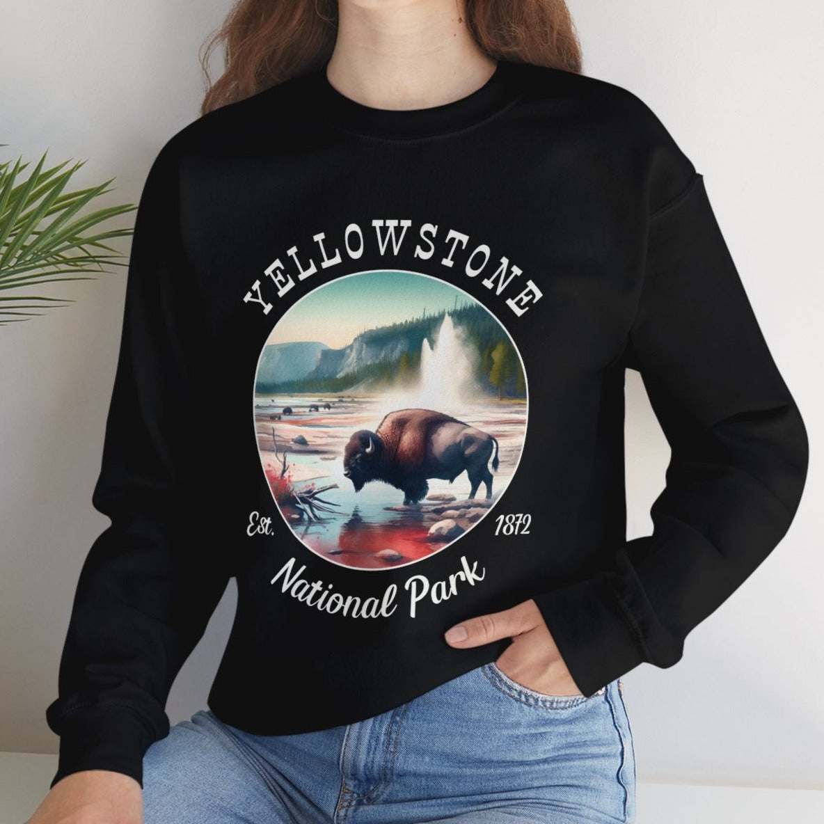 Yellow park blvck crewneck sweatshirt cool gift for boyfriend, nice gift for wife and her wild adventure through np in usa, great statement shirt for wildlife preservation supporters and enthusiasts