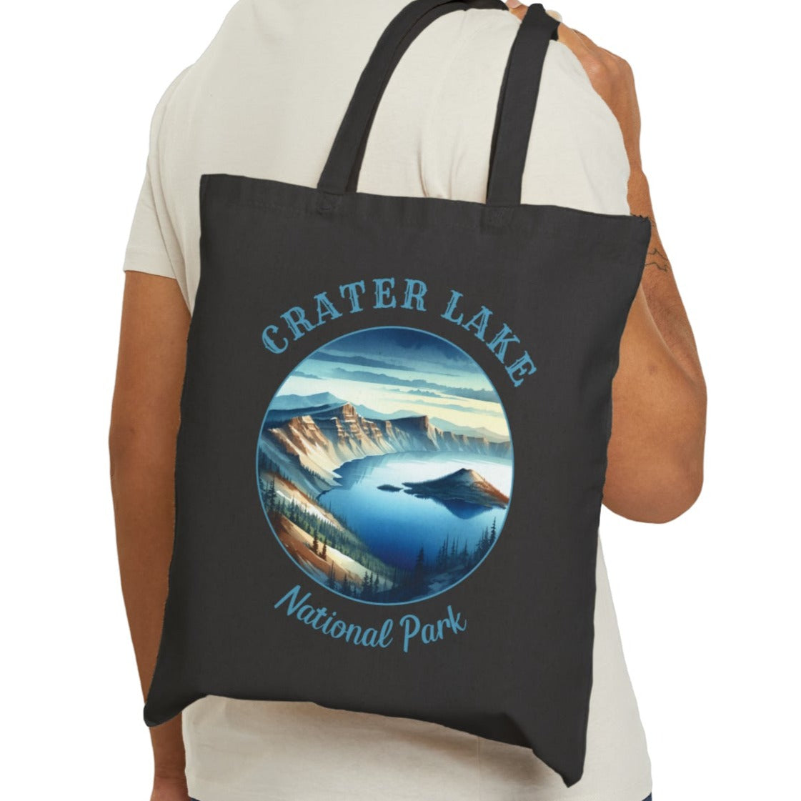 crater lake national park black Tote cool gift for boyfriend, nice gift for wife and her wild adventure through np in usa, great statement bag for wildlife preservation supporters and enthusiasts