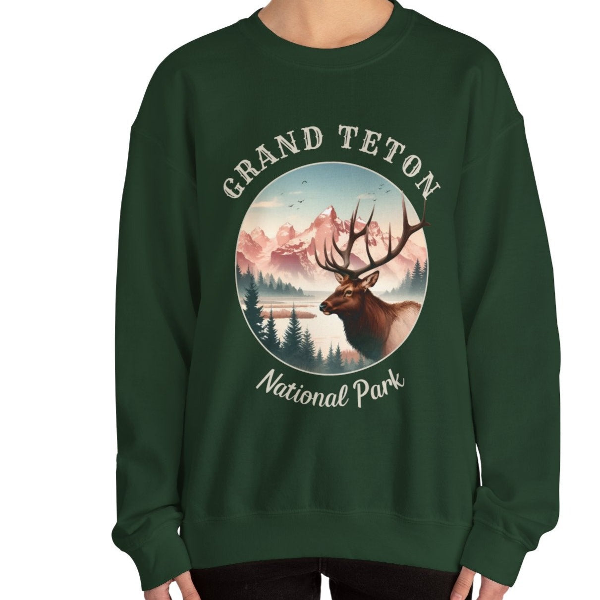 us grand teton park sweatshirt is great gift for girlfriend, mindful present for husband emberking on his journey to us np, accessories for those who live wild life and love us national parks, forrest green oversized sweatshirt