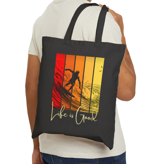 Life is Good, Black Surfing Cotton Canvas Tote Bag