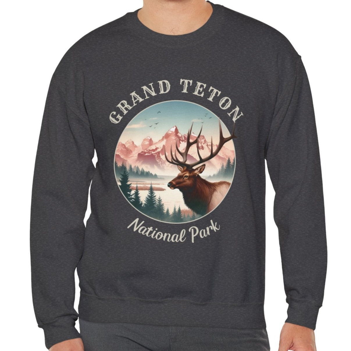 grand teton national park crewnweck sweatshirt is cool gift for boyfriend, nice gift for wife and her wild adventure through np in usa, great statement bag for wildlife preservation supporters and enthusiasts