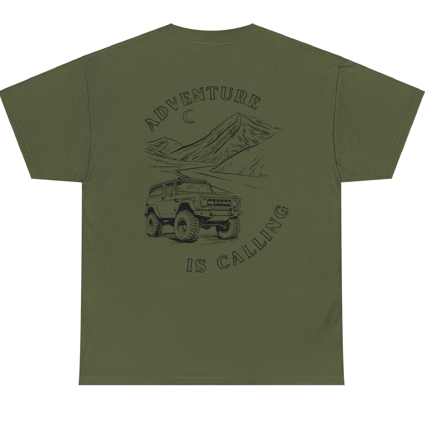 Adventure is calling t-shirt, young man wearing army t-shirt showing mountains and off road suv driving in desert , jeep, traveling