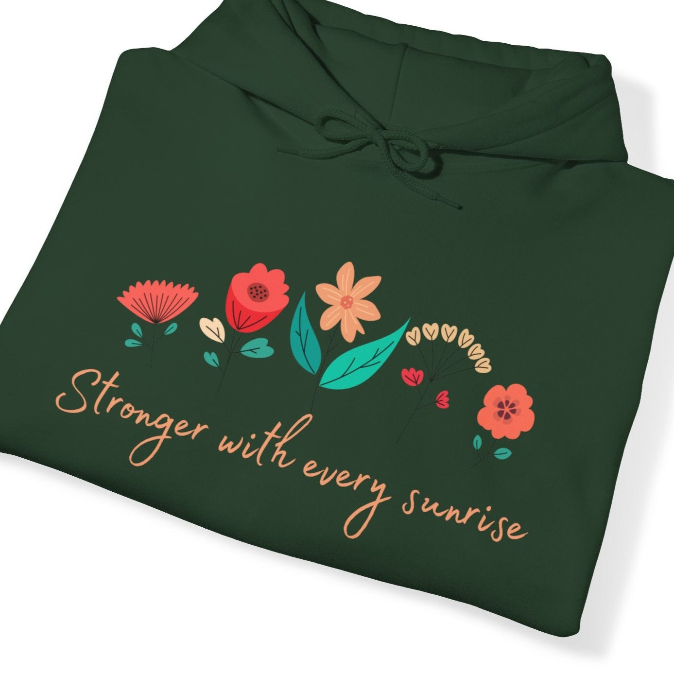 dark green hooded sweatshirt with red flower design, women empowerment design hoodie, cool get well soon gift