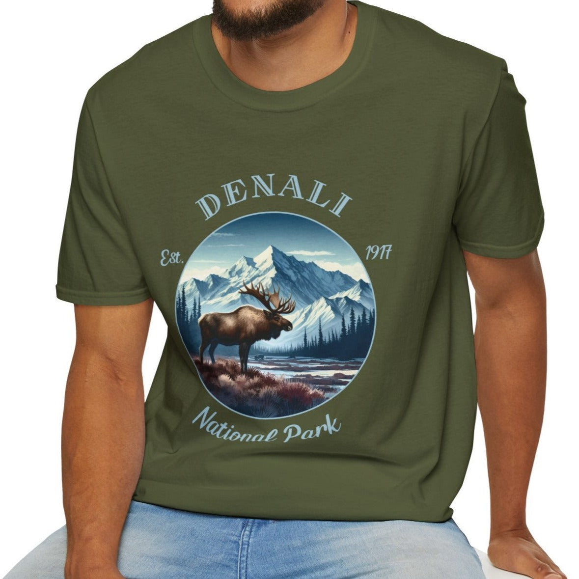 Denali park tee cool gift for boyfriend, nice gift for wife wild adventure through np in usa, good statement shirt for wildlife preservation supporters and enthusiasts, military green t shirt