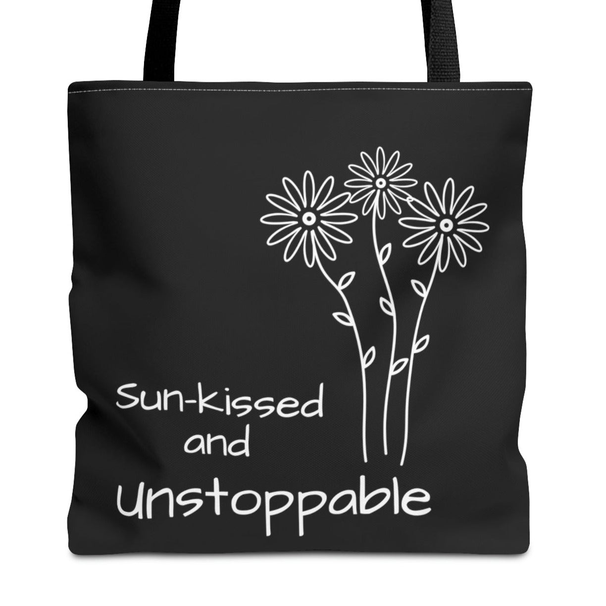 polyester black tote bag for women, stylish gift for ladies, essential piece for every woman, meadow flovers motive on one side, unstoppable daisy on the other side