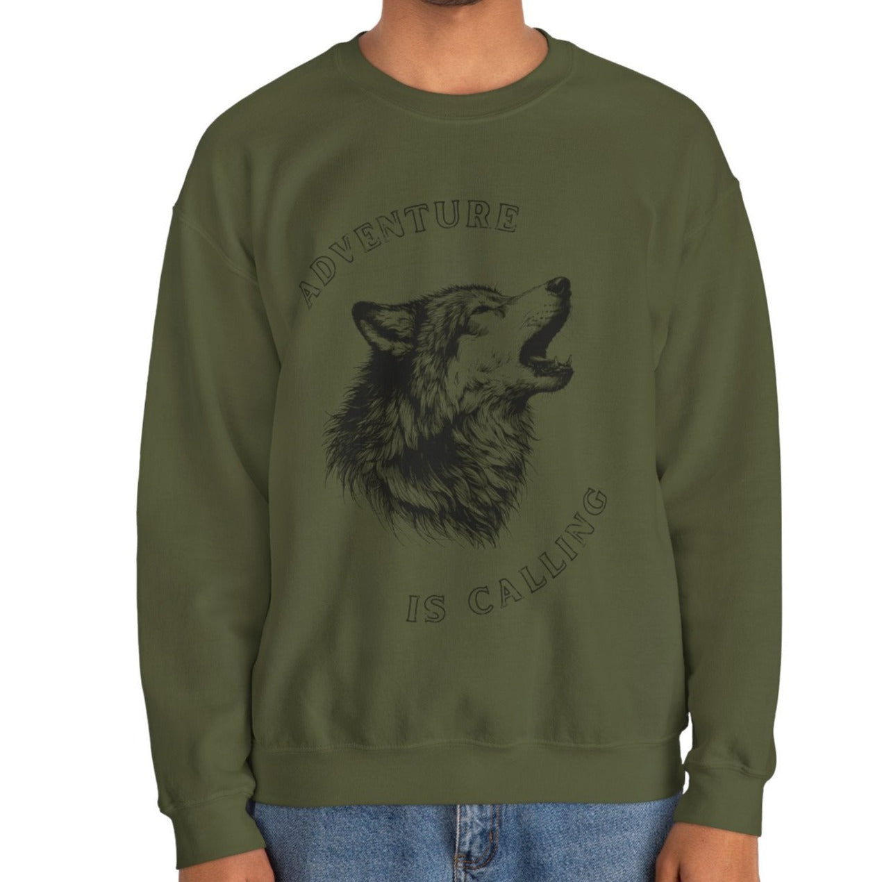 military green sweatshirt with wolf design for man,  cool gift for us parks lovers 