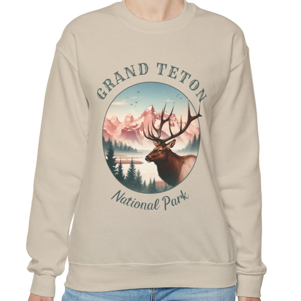 grand teton national park crewnweck sweatshirt is cool gift for boyfriend, nice gift for wife and her wild adventure through np in usa, great statement bag for wildlife preservation supporters and enthusiasts