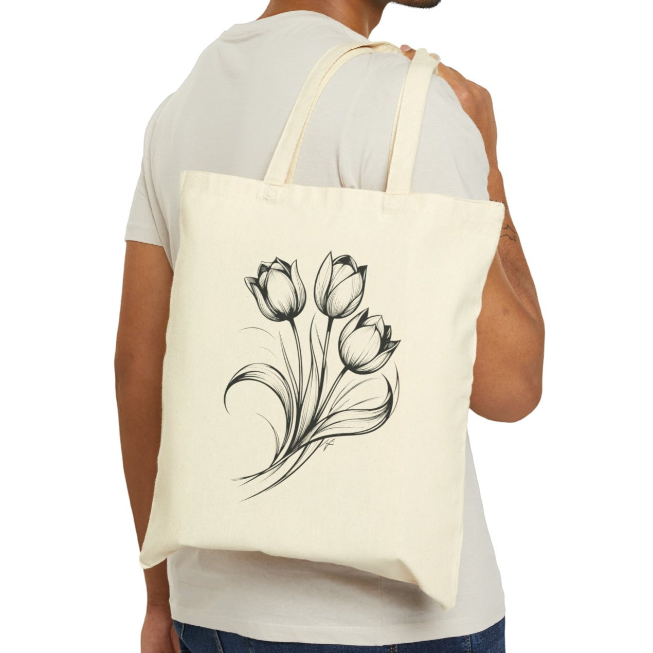 Bolsa tote de lona de algodón con ramo de tulipanes