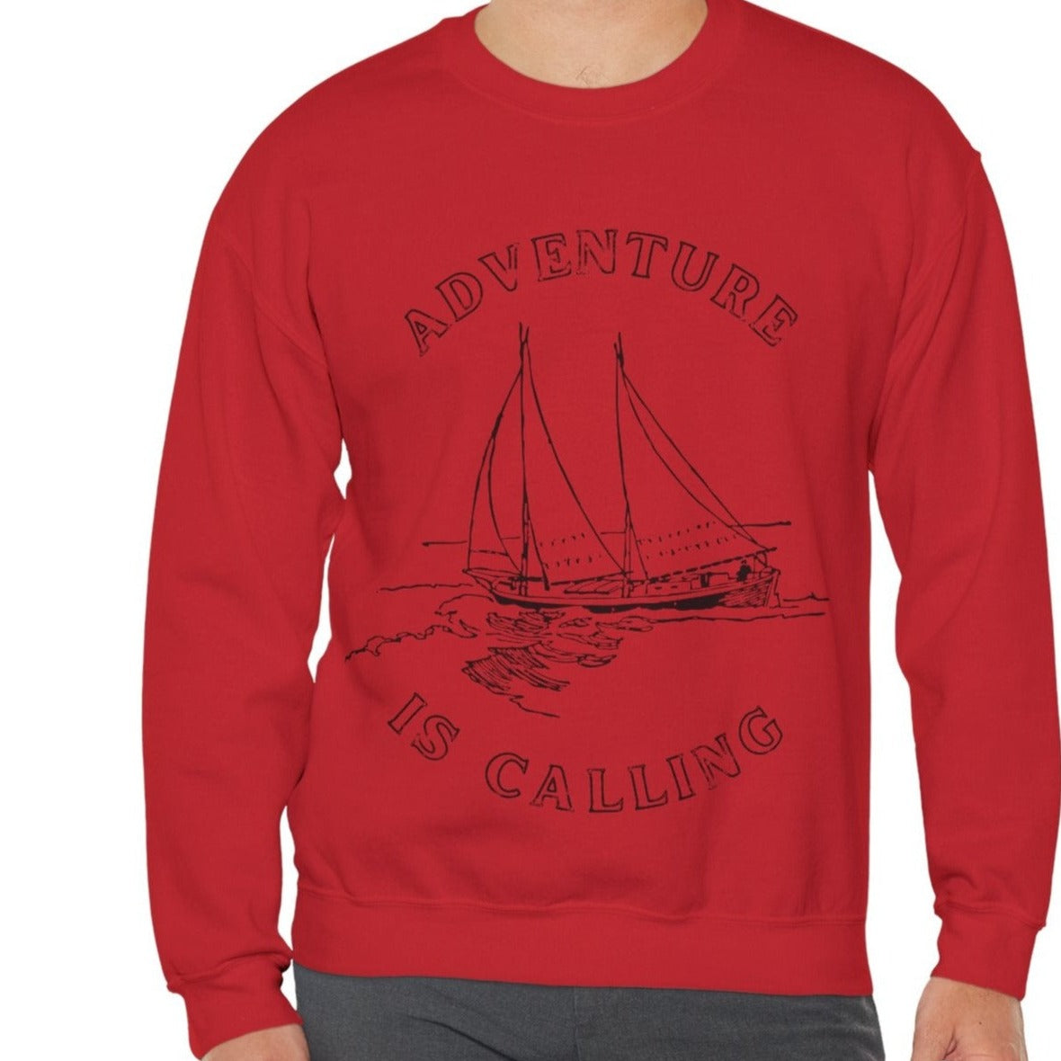 red sweatshirt for men and women with sailboat design, cool gift for sailing holidays to keep warm on cold evenings