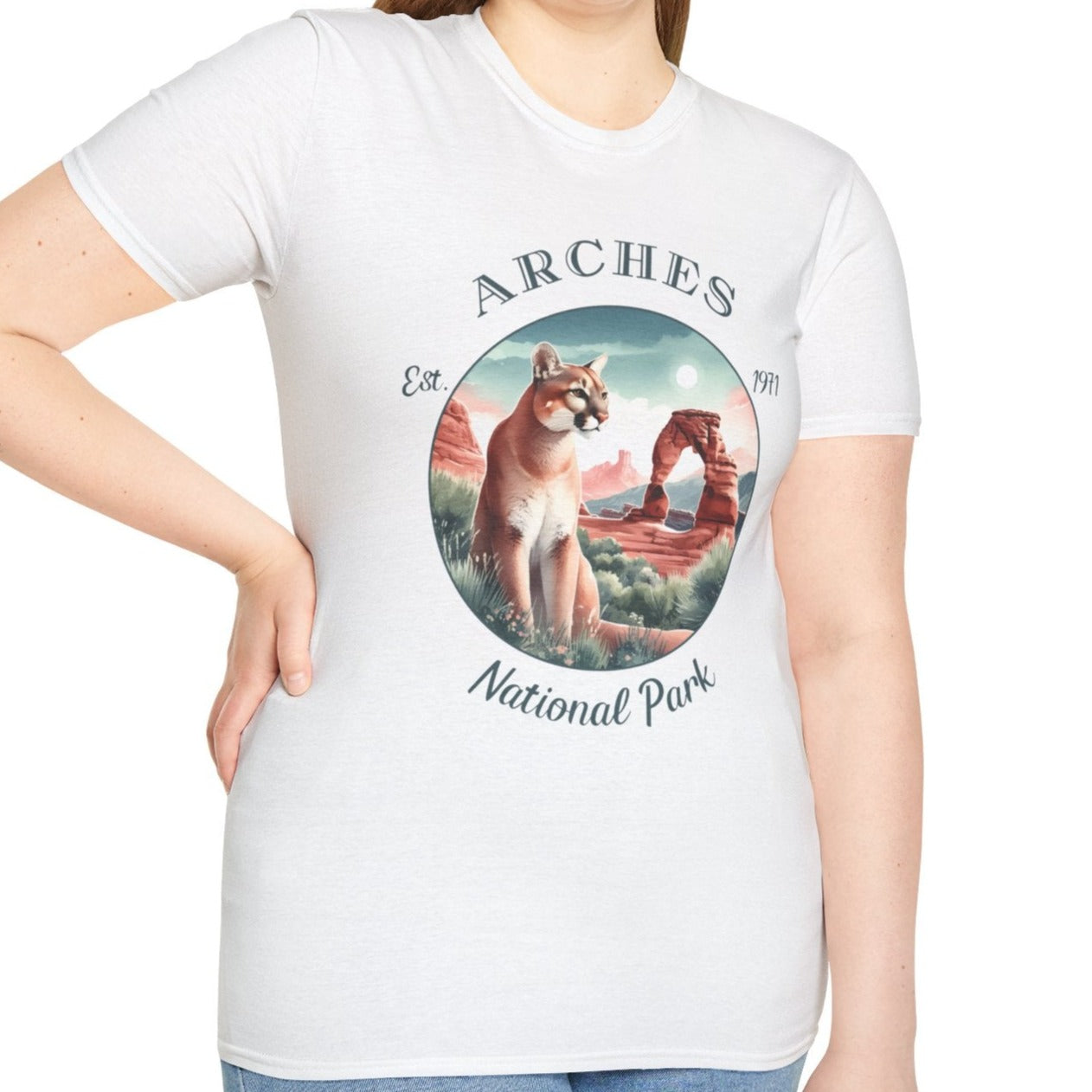 Arches park tee cool gift for boyfriend, nice gift for wife wild adventure through np in usa, good statement shirt for wildlife preservation supporters and enthusiasts, white tee