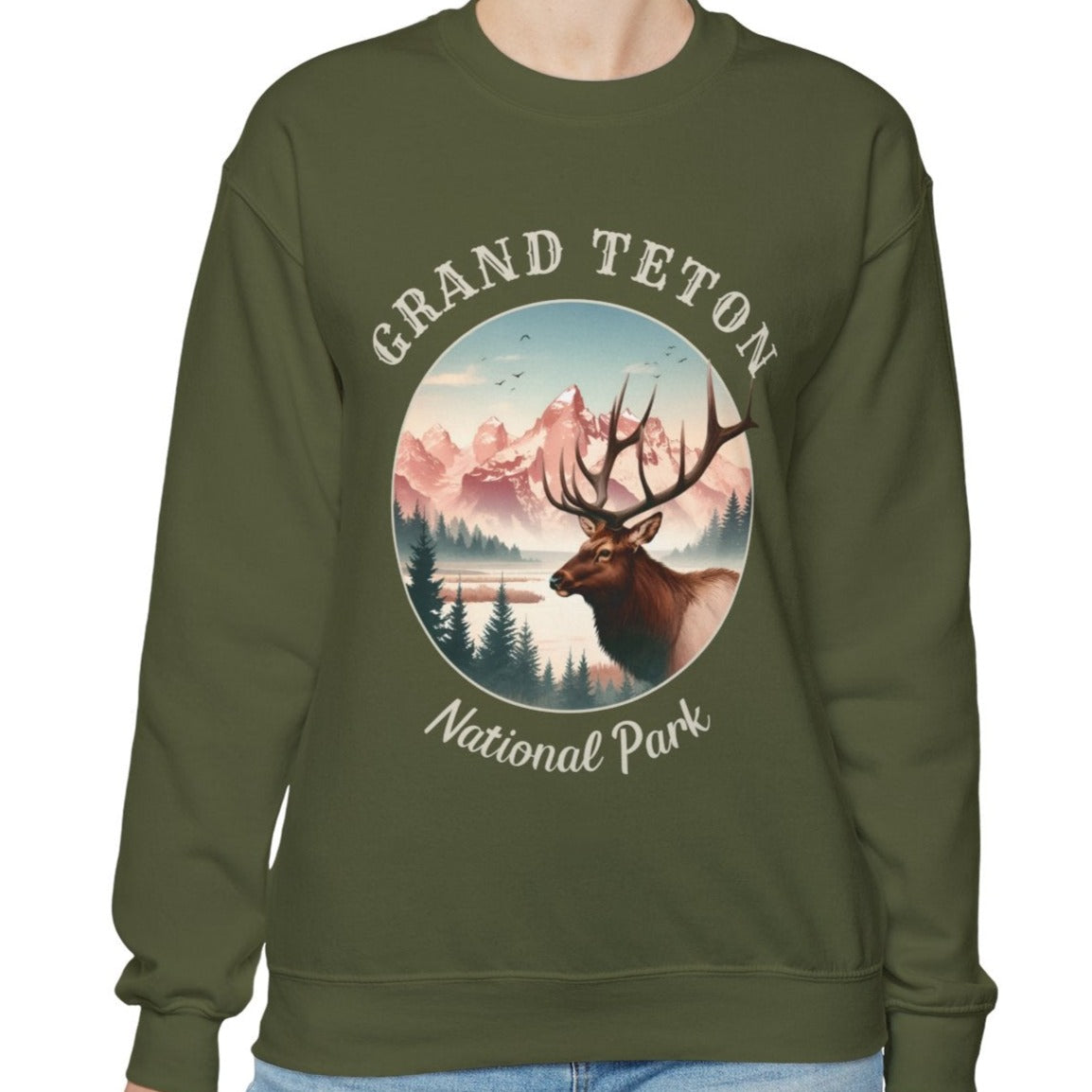 grand teton national park crewnweck sweatshirt is cool gift for boyfriend, nice gift for wife and her wild adventure through np in usa, great statement bag for wildlife preservation supporters and enthusiasts