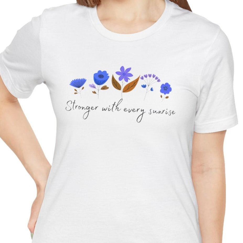 white female t shirt with blue flower design, cool gift for girlfriend