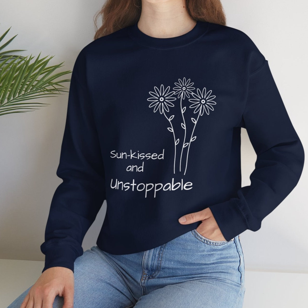 navy swearshirt with unstoppable daisy design, women empowering group gifts, cool promotion gift for colegue