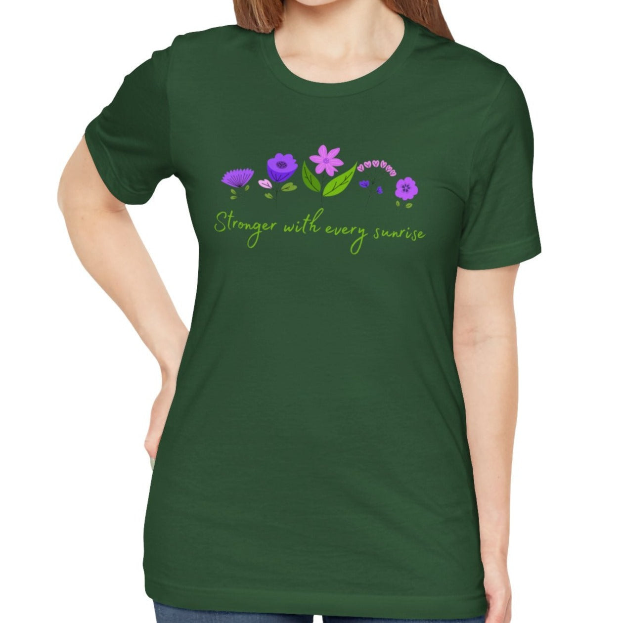 green t shirt for women with flower design, sof and comfortable, great gift, cool present