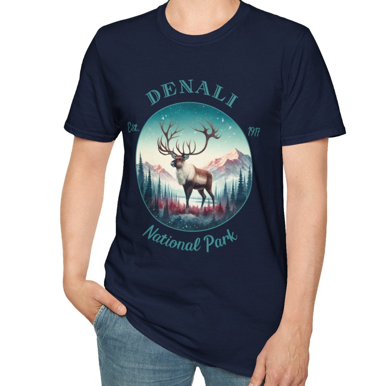 caribou us Denali national park t-shirt nice gift for girlfriend, mindful present for husband on journey to us np, apparel to live wild life and love us national parks, navy blue tee