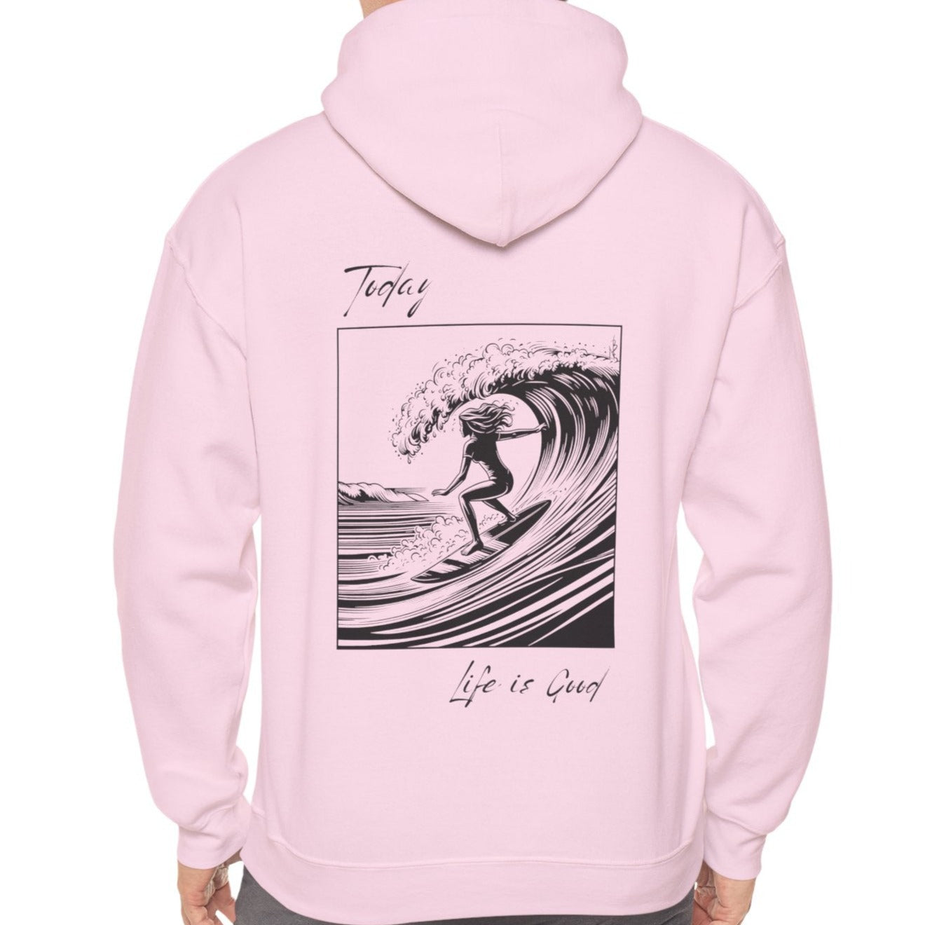 very girly pink hoodie with design of surfing woman, west coast beaches inspired illustration