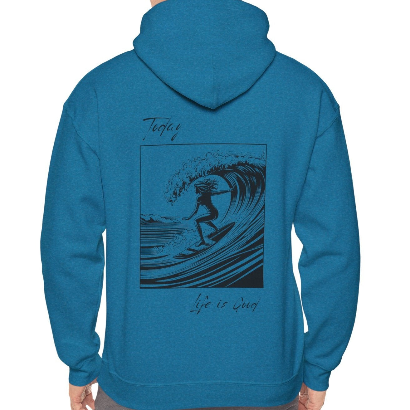 blue design hoodie with surfing motive for women, inspired by best surf beaches on west coast of oregon, 