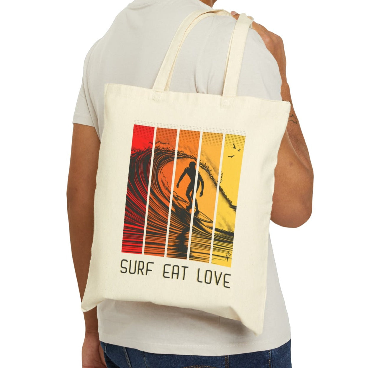 Surf Eat Love, Surfing Sunset Cotton Canvas Tote Bag