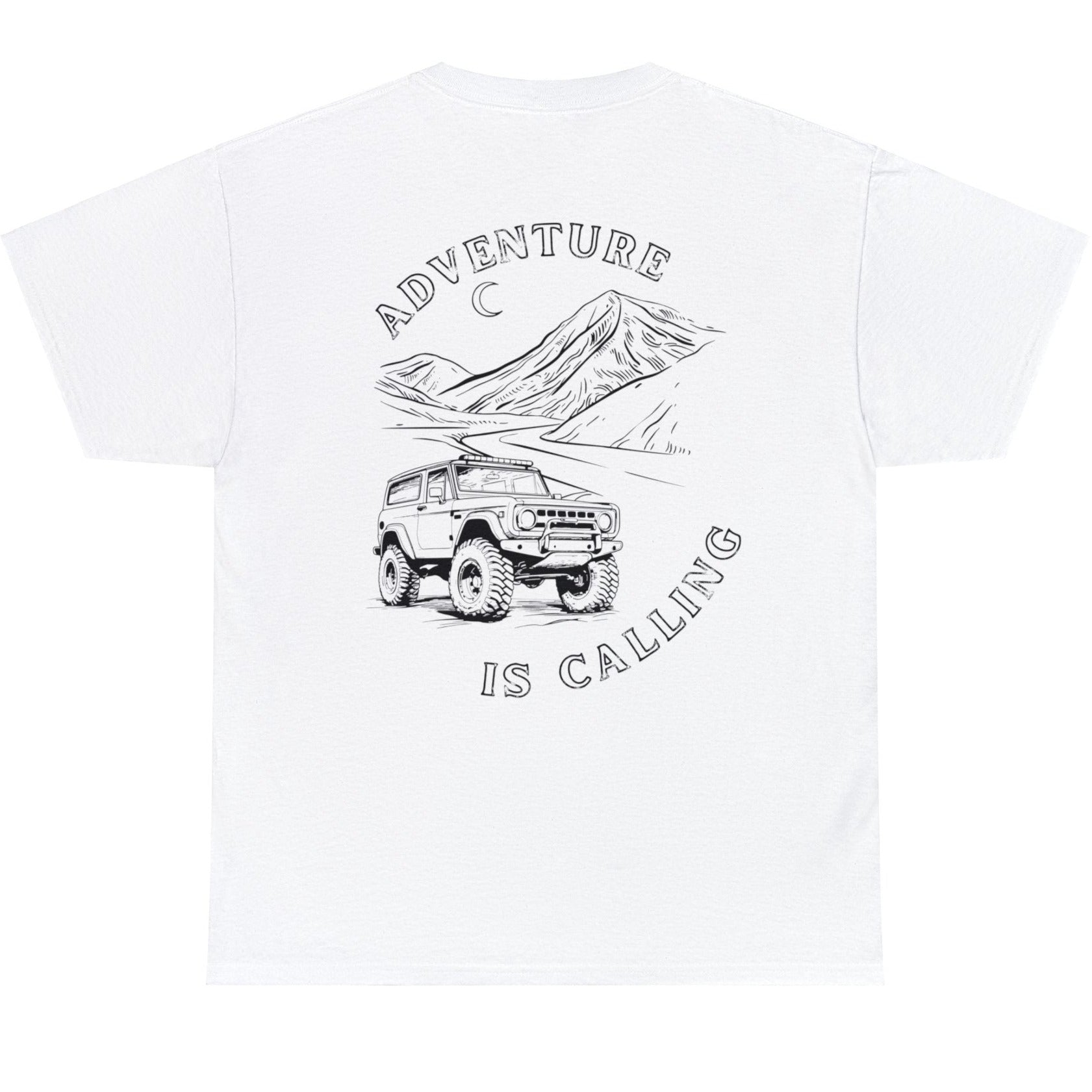 Adventure is calling t-shirt, young man wearing white t-shirt showing mountains and off road suv driving in desert , jeep, traveling