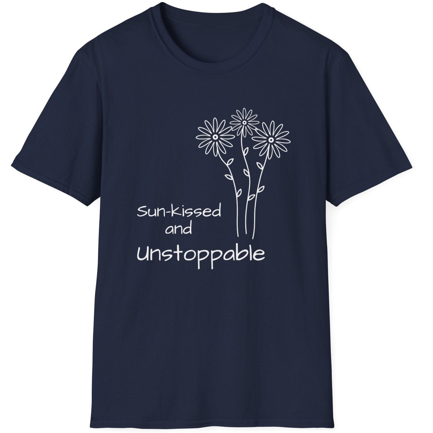 navy urban t shirt with white unstoppable daisy design, female empowerment tee, 