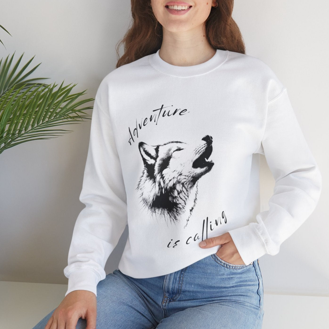 white wolf sweatshirt for women, adventure is calling , cool gift for your girl, great gift for nature preservation enthusiasts