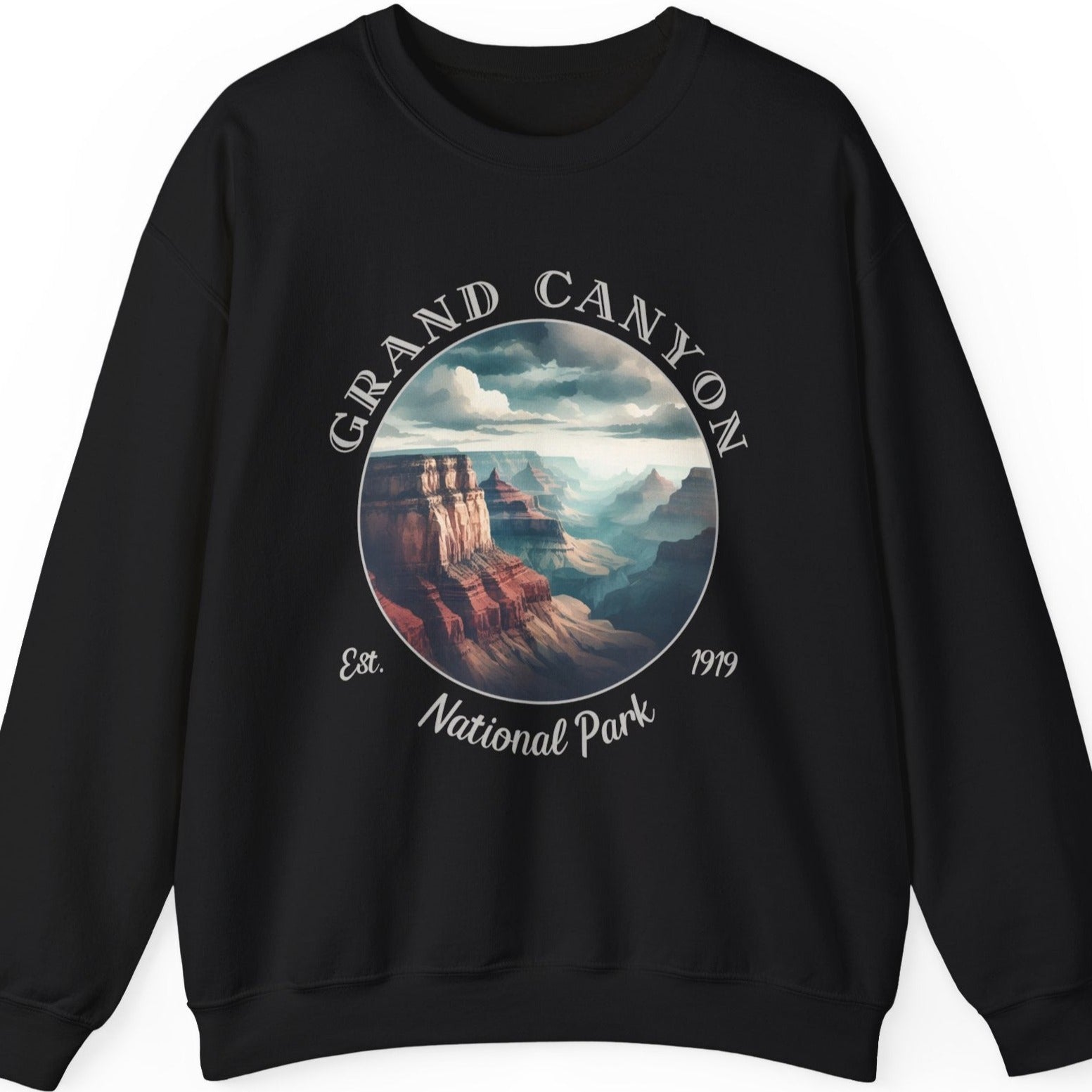 Grand Canyon black crewneck sweatshirt cool gift for boyfriend, nice gift for wife and her wild adventure through np in usa, great statement shirt for wildlife preservation supporters and enthusiasts