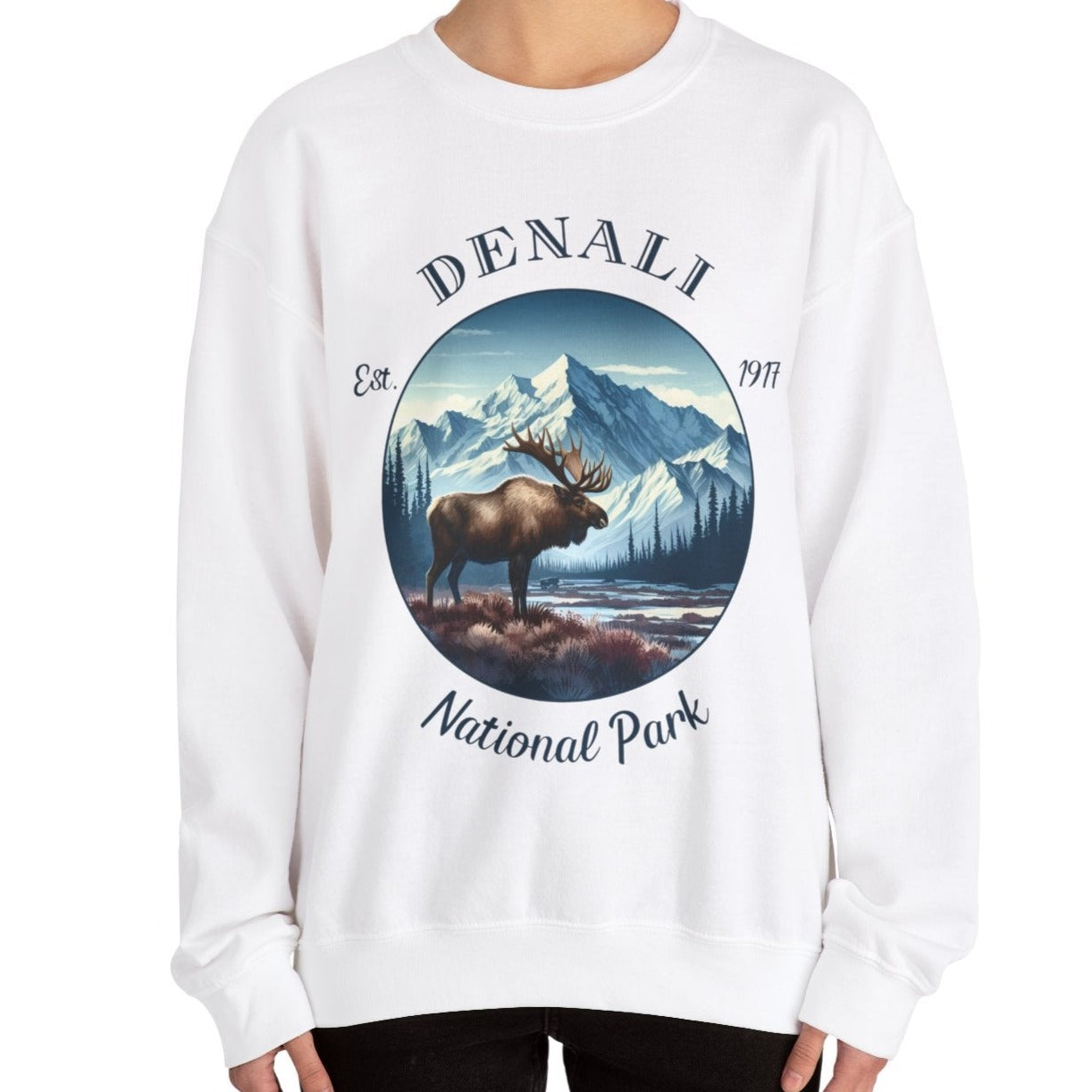 us denali sweatshirt is great gift for girlfriend, mindful present for husband emberking on his journey to us np, accessories for those who live wild life and love us national parks, white oversized sweatshirt