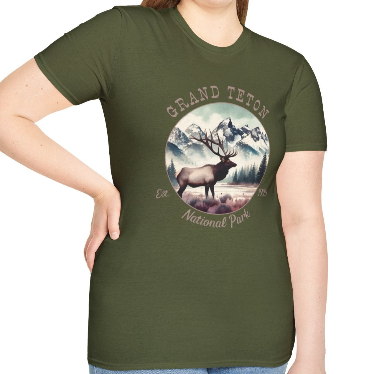 Grand Teton park tee cool gift for boyfriend, nice gift for wife wild adventure through np in usa, good statement shirt for wildlife preservation supporters and enthusiasts, military green shirt