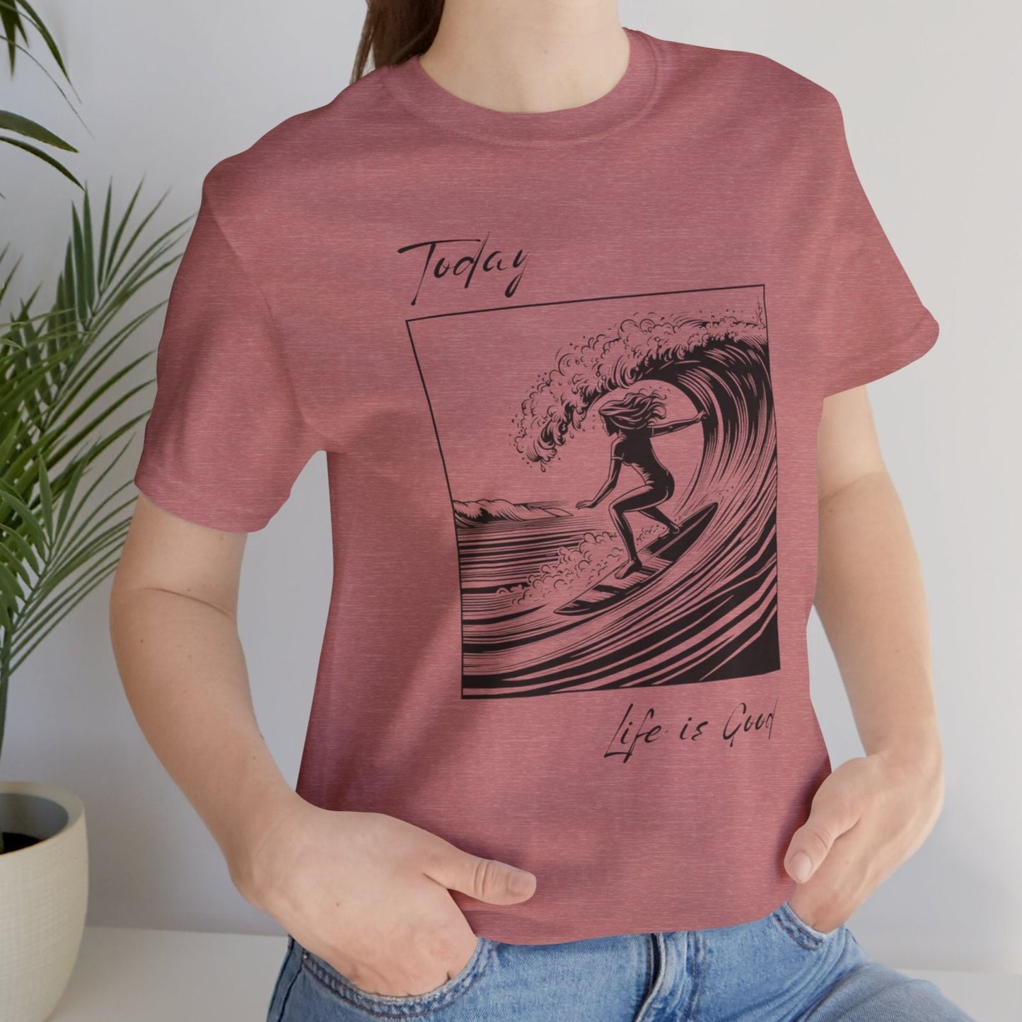 pink tee for surfing women, design is inspired by best surf beaches on west coast, 