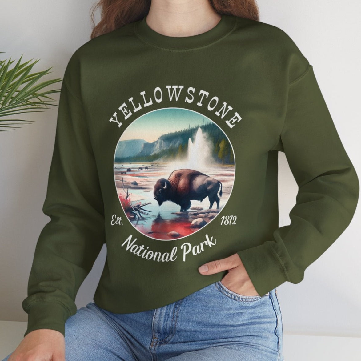 Yellow park military green crewneck sweatshirt cool gift for boyfriend, nice gift for wife and her wild adventure through np in usa, great statement shirt for wildlife preservation supporters and enthusiasts