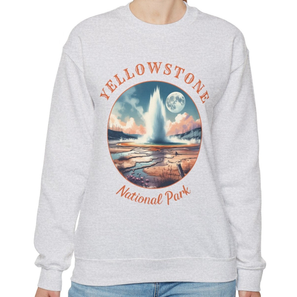 yellowstone national park crewnweck sweatshirt is cool gift for boyfriend, nice gift for wife and her wild adventure through np in usa, great statement bag for wildlife preservation supporters and enthusiasts, ash grey sweatshirt