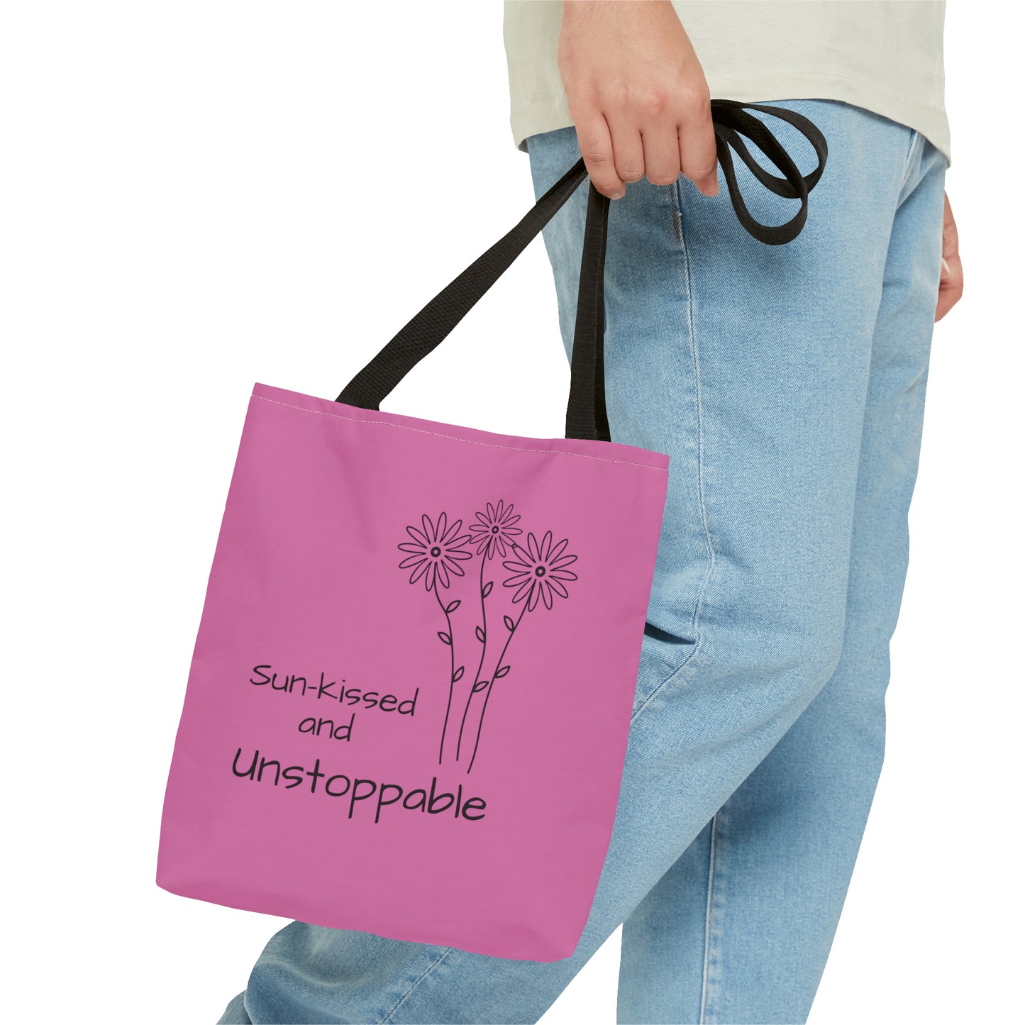 polyester pink totebag for women, stylish gift for ladies, essential piece for every woman, meadow flovers motive on one side, unstoppable daisy on the other side