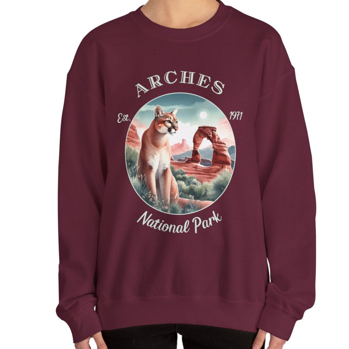 us arches sweatshirt is great gift for girlfriend, mindful present for husband emberking on his journey to us np, accessories for those who live wild life and love us national parks, oversized maroon sweatshirt