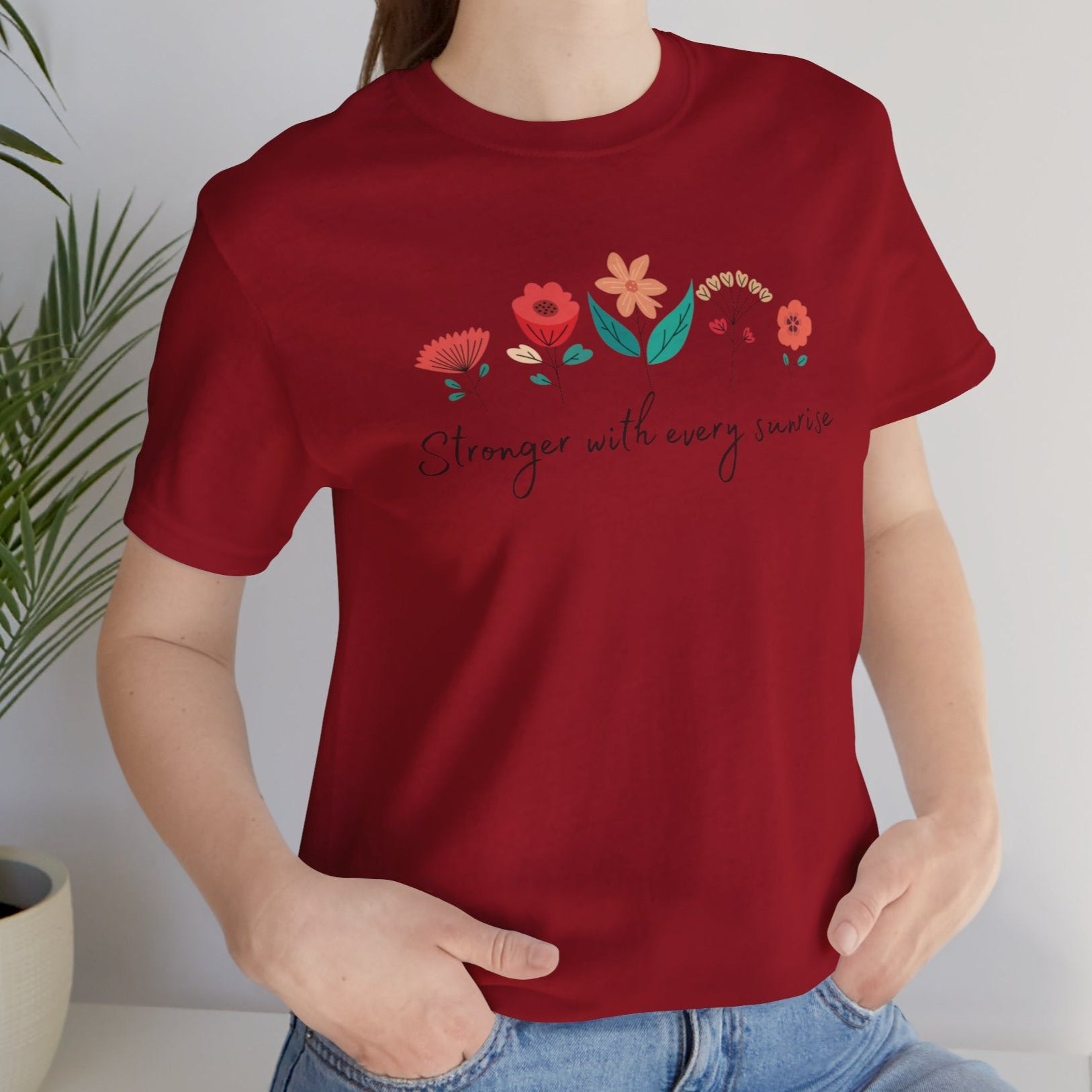 red t shirt with flower design to wear at women's empowerment prograns, also great for friend or loved one as get well soon present 