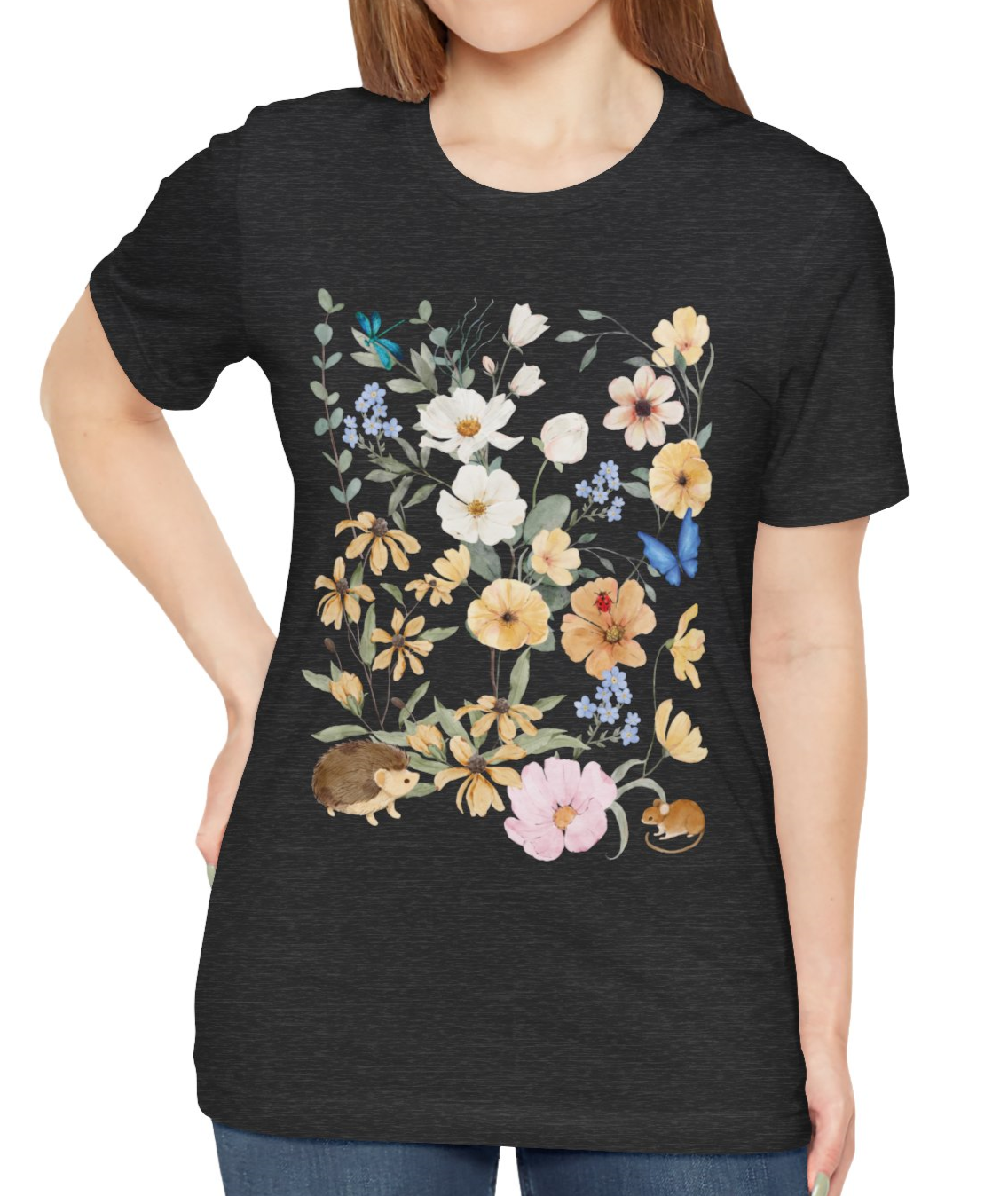 dark heathered grey Delicate and vibrant blooming flower patch and botanicals are joined by dragonfly, ladybeatle, butterfly. All watched by cute mouse and hedgehog.