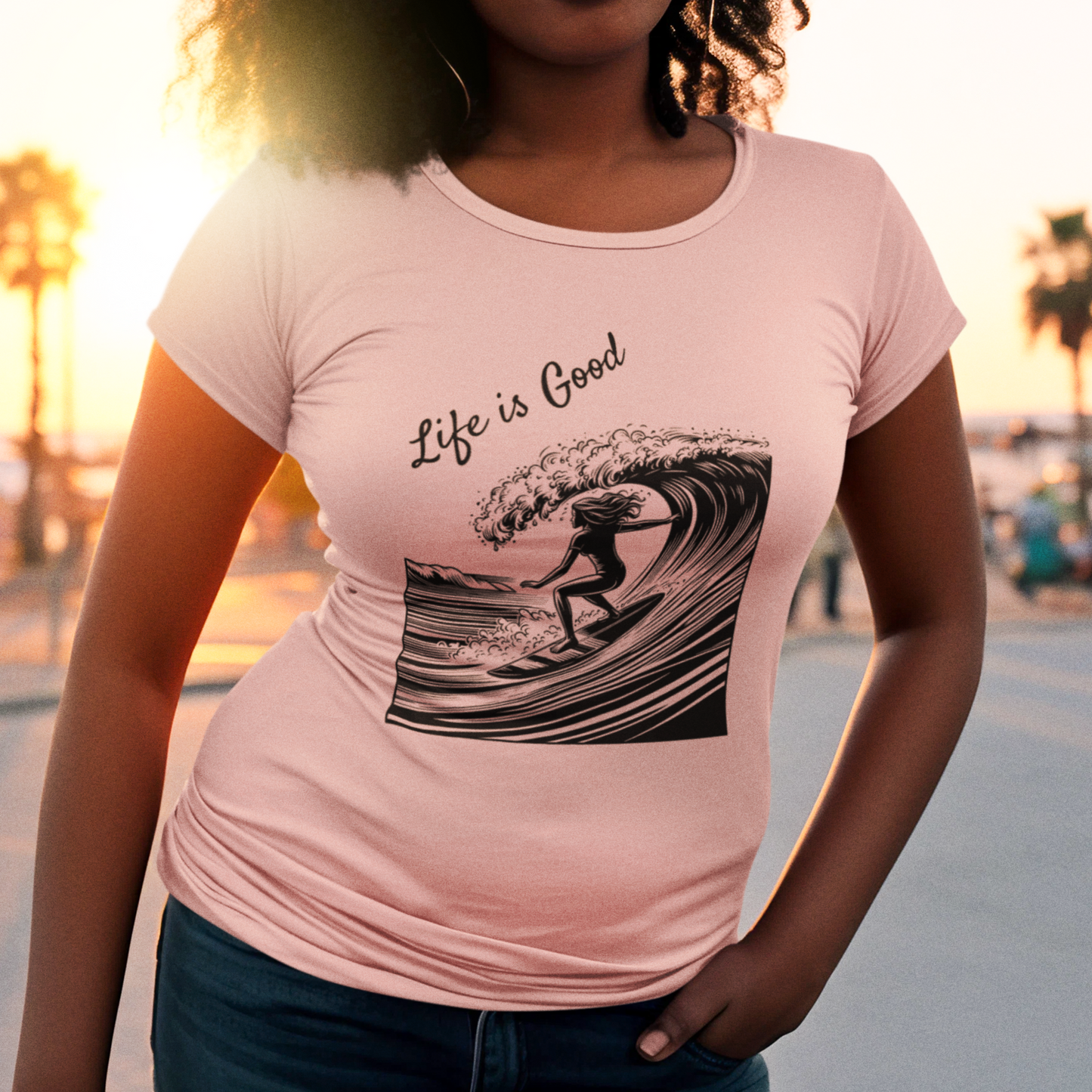 pink surfer tee, perfect gift for women, design tee