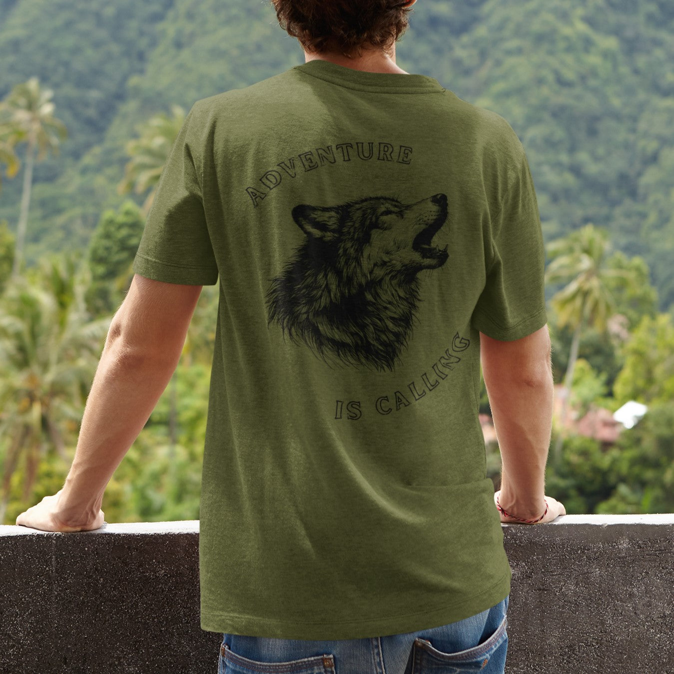 millitary green t shirt mens, adventure is callin design with wolfg tee, 