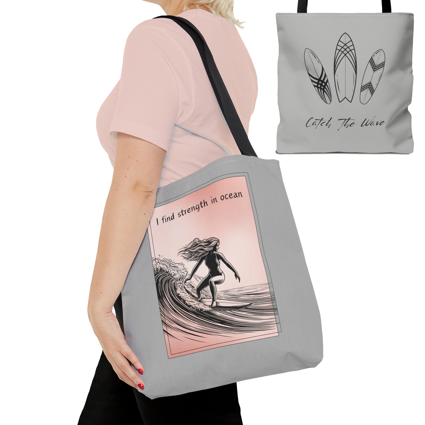 Surfing Girl, Catch the wave tote bag, gray and pink