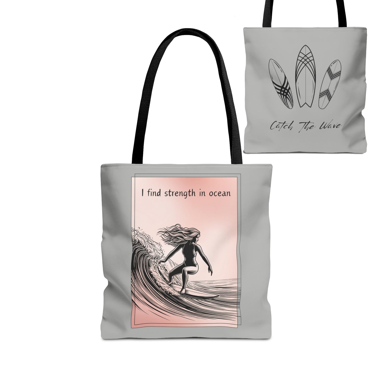 Surfing Girl, Catch the wave tote bag, gray and pink