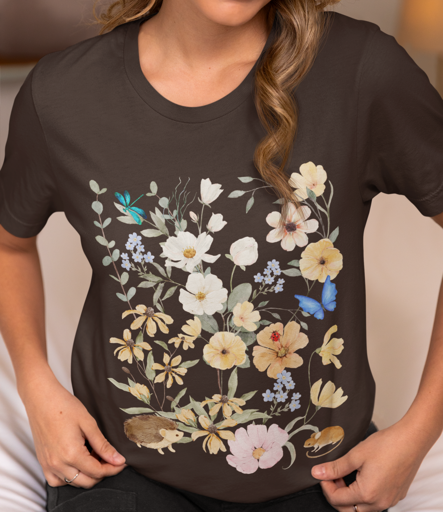 dark chocolate Boho Garden Flower Cottagecore Shirt Oversized, Vintage Botanical Te,  Nature art Wildflowers Plant Shirts,  Pastel Floral Garden Lover T-Shirt Gift For Her