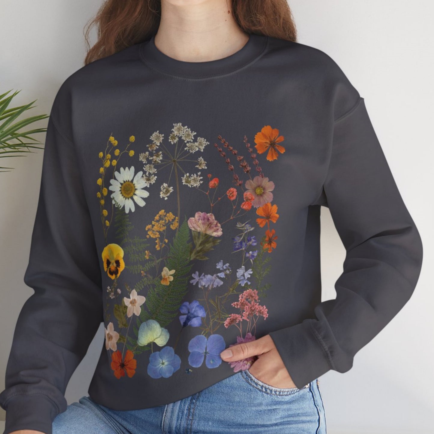 grey oho Cottagecore Crewneck, Floral Sweatshirt, Fairycore Oversized Wildflowers Sweatshirt, Cottagecore Clothing, Botanical Sweatshirt