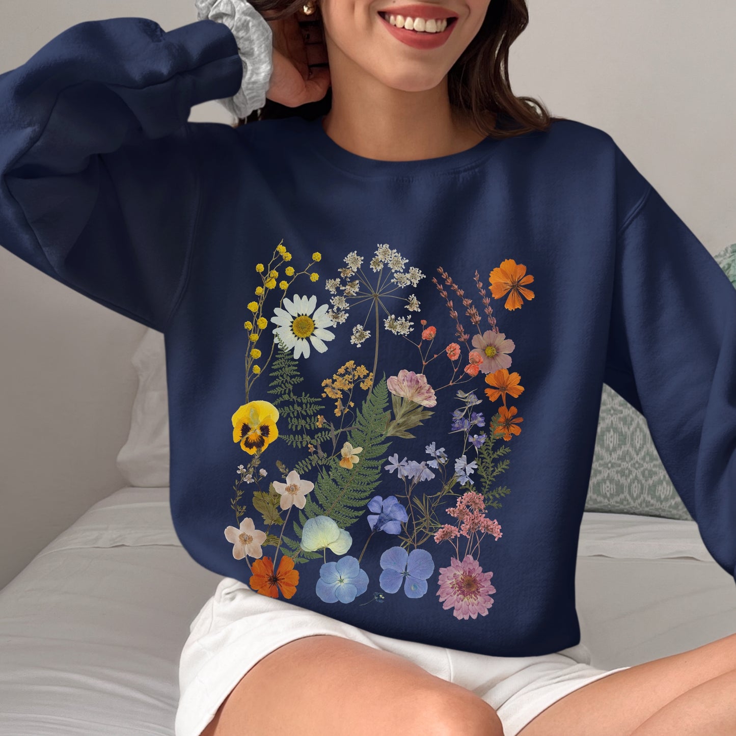 navy blue Boho Wildflowers Cottagecore Shirt, Gift For Her, Whimsigoth, Plant Shirts, Floral Shirt, Gift For Women