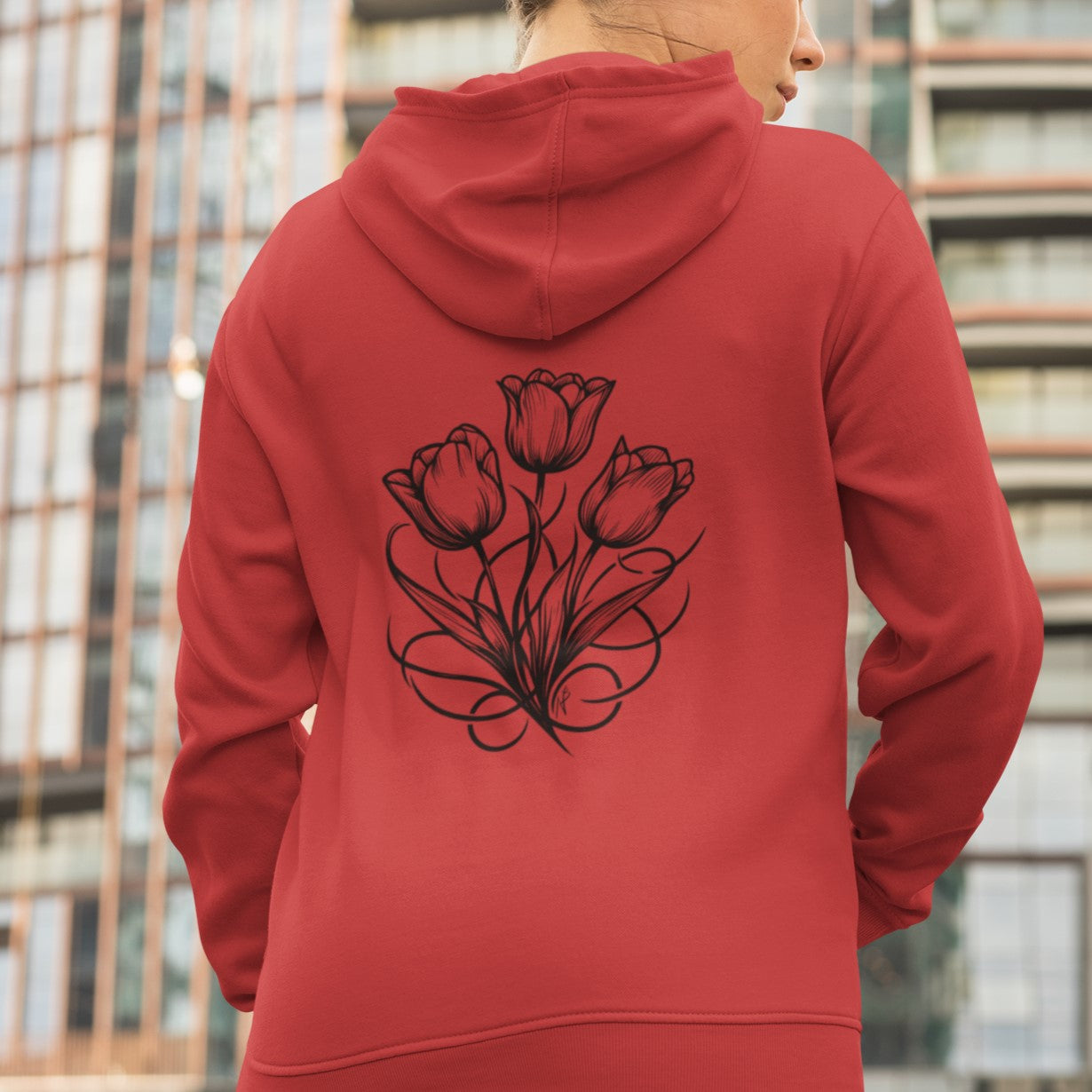 Tulip bunch, Tattoo style Hoodie, design  on the back