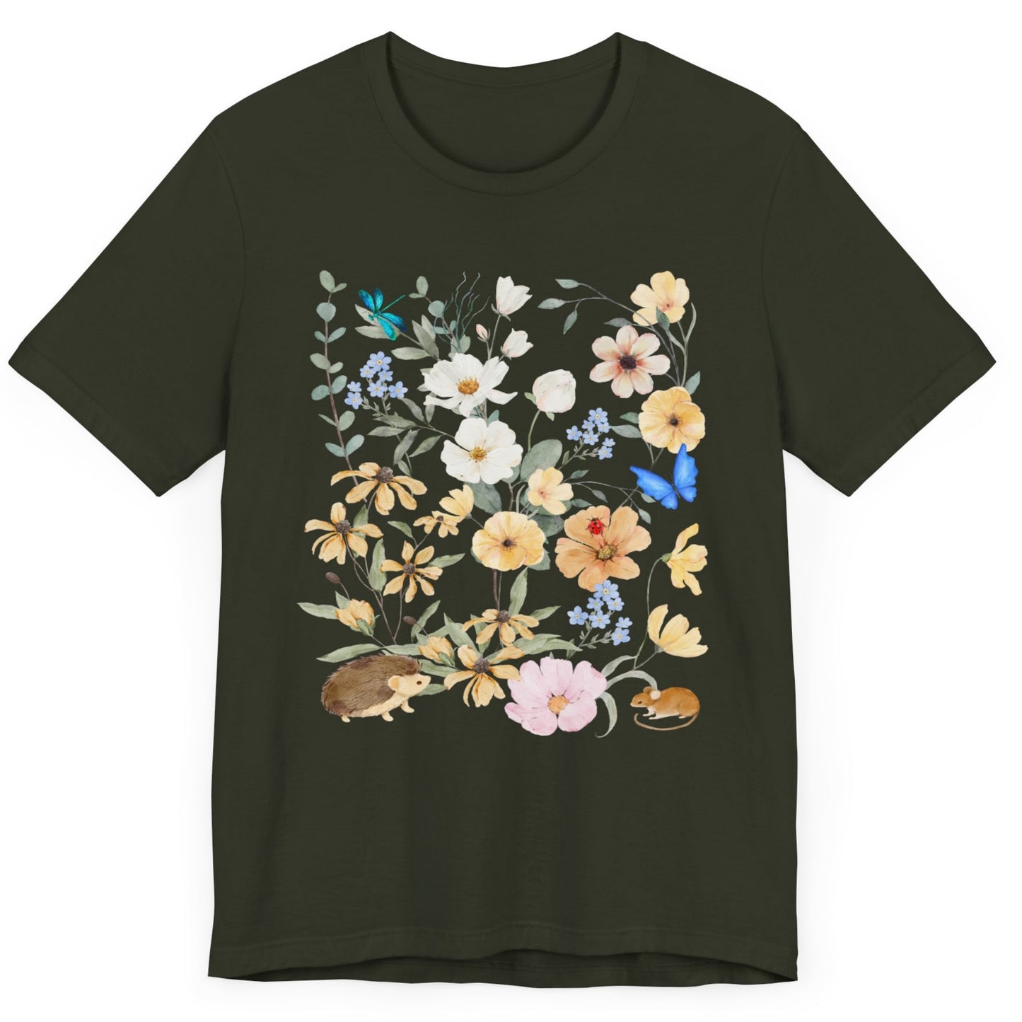 dark olive Delicate and vibrant blooming flower patch and botanicals are joined by dragonfly, ladybeatle, butterfly. All watched by cute mouse and hedgehog.