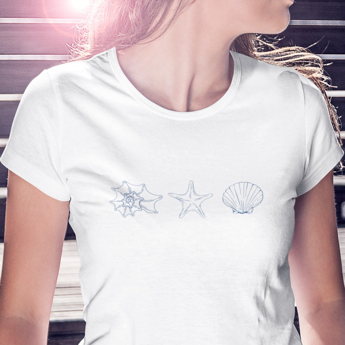 classy white designer tee, sea shells, beach womenst shirt