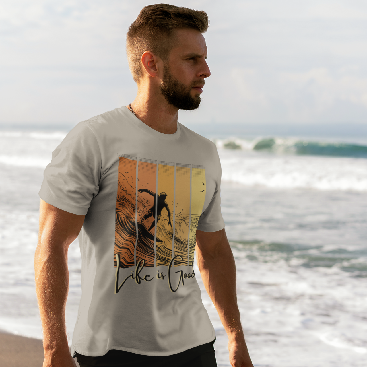 Amazing surfer t shirt for man light gray, cool gift for active man, present for surfer and wave lovers of active life and fun beach parties